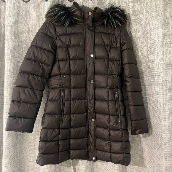 Laundry by Shelli Segal Quilted Puffer Coat Faux Fur Hood Coffee/Brown Medium - Picture 5 of 12